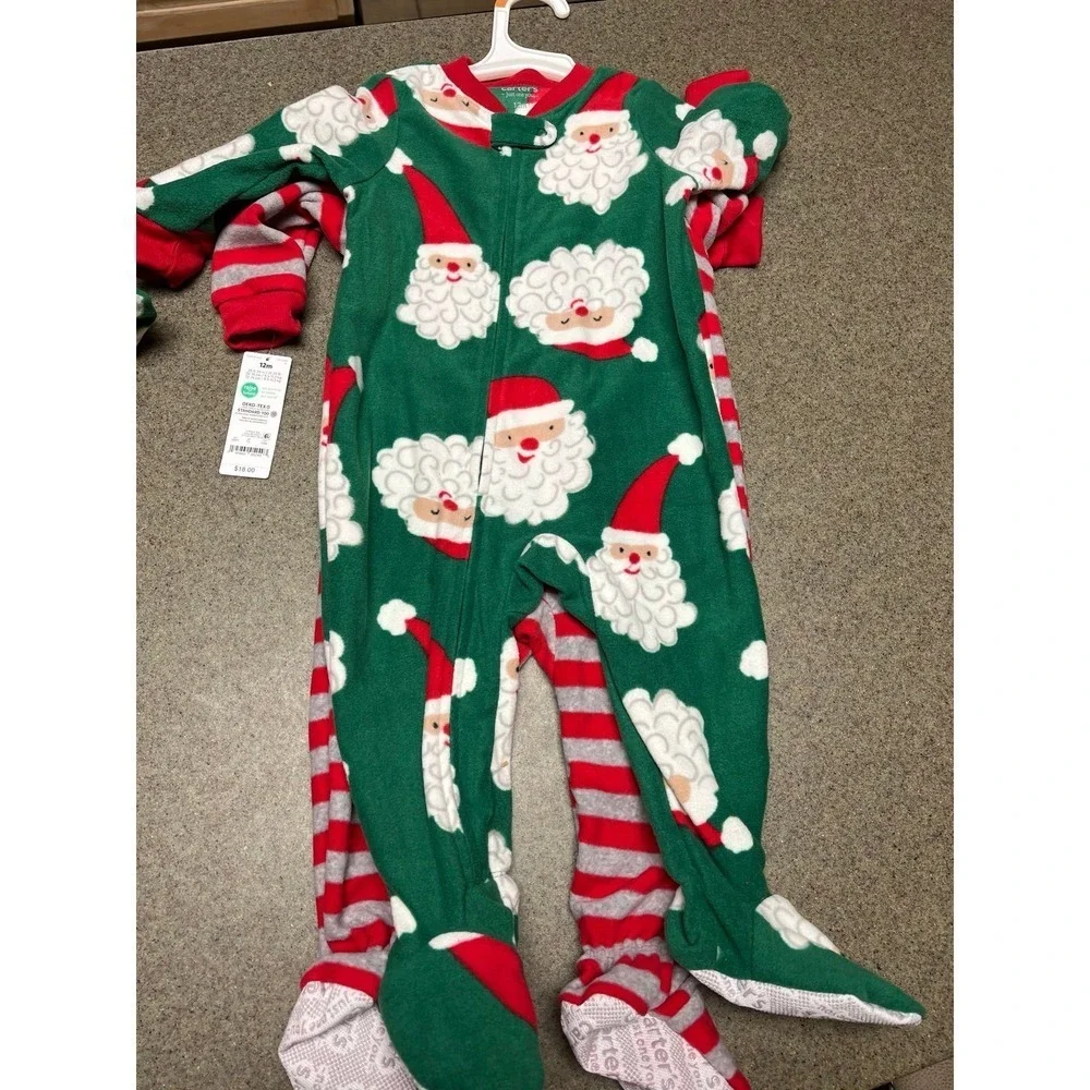 Christmas Carter's 2 piece set fleece sleepers NWT 12 month red/grey/green